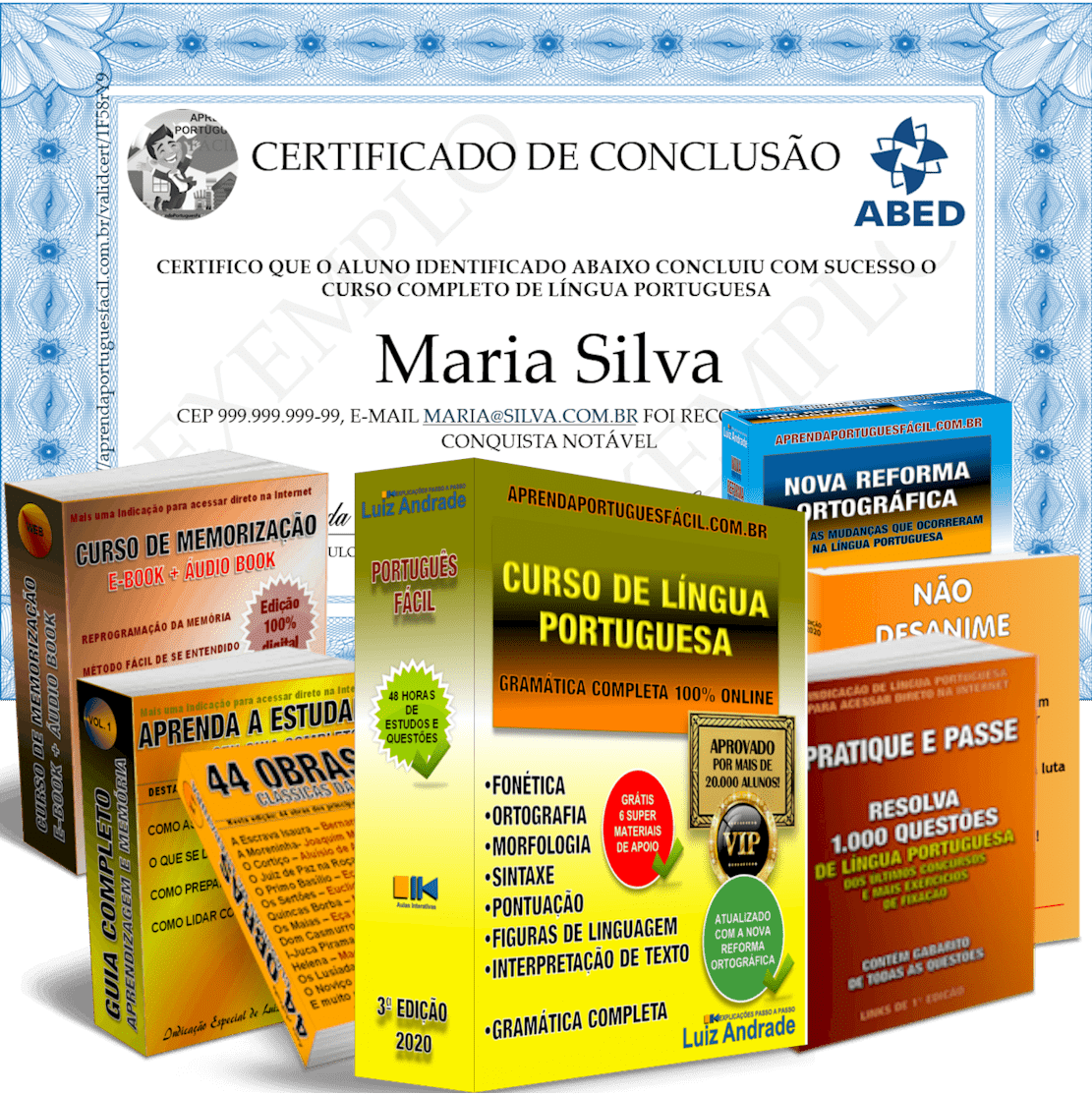 Foto do Certificado ao fundo e na frente a caixa virtual do curso APF com os 5 Super Brindes